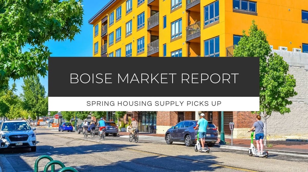 People biking and riding scooters in downtown Boise with colorful homes in the background, highlighting spring real estate market activity. 